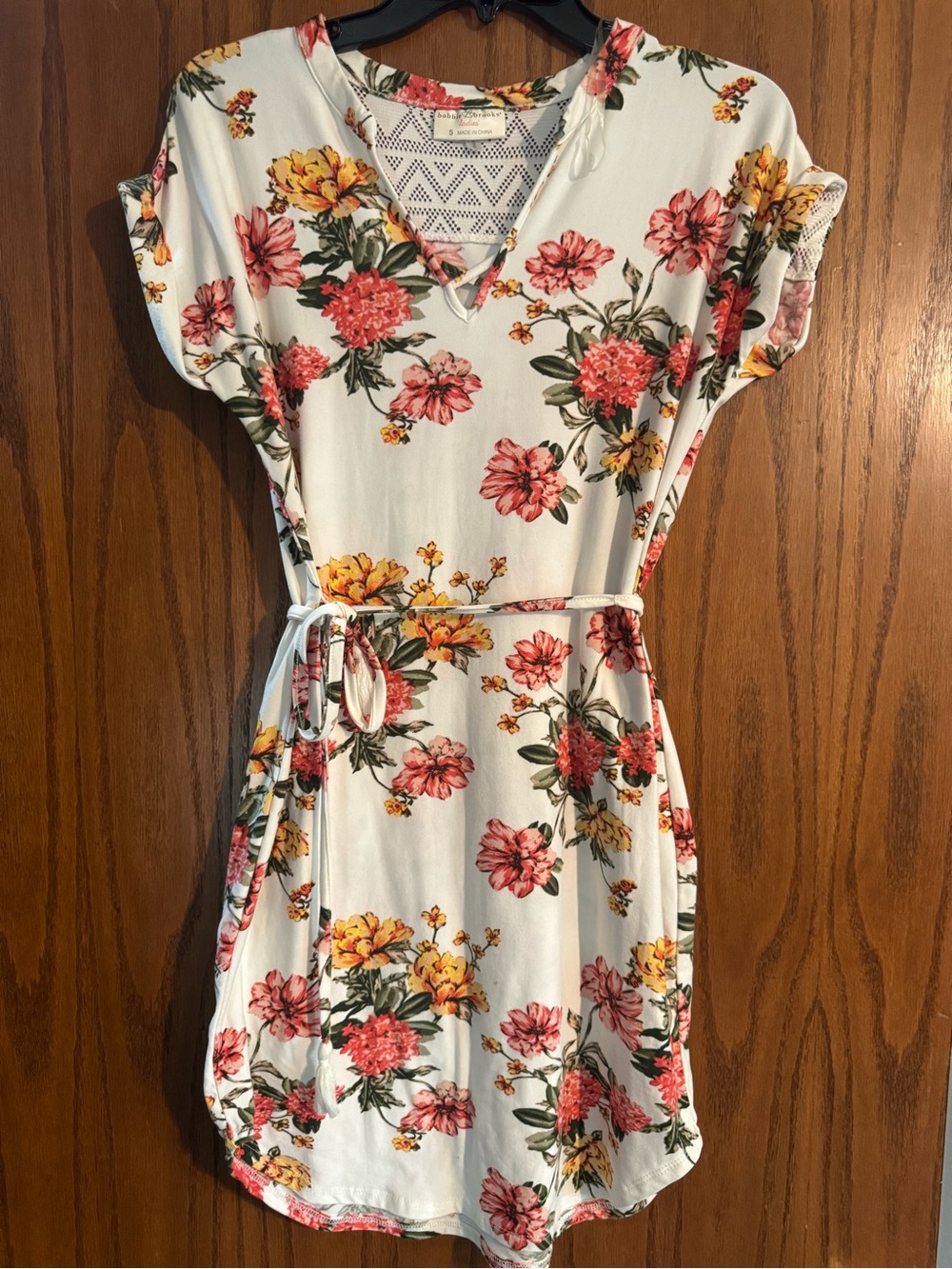 Bobbie Brooks White Floral V-Neck Belted Mini Dress with Pink & Yellow Flowers